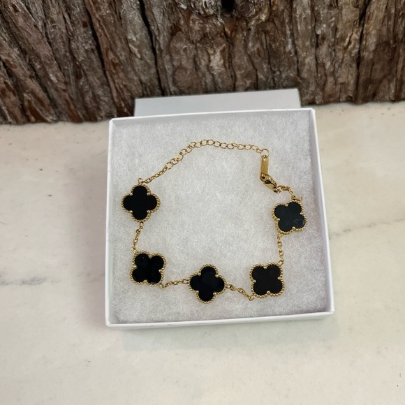 Gold & Black Clover Motif Stainless Steel Bracelet – Adjustable 9.25” Gift Ready - Picture 4 of 17